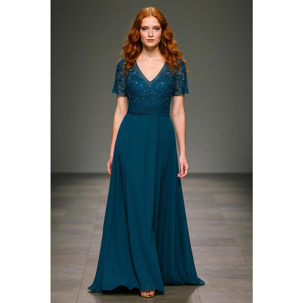 Modest Short Sleeve Embroidered Teal Ball Gown Beaded sz 4 MOB Prom Gala $500